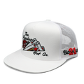 21 Blackjack white flat bill trucker hat with embroidered blackjack hand and poker chip art by The Rancher Hat Co.