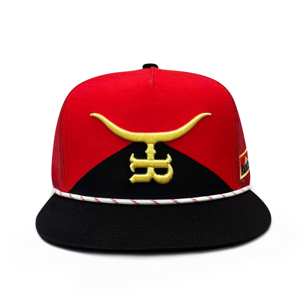 World Champion trucker hat in red and black with the gold longhorn logo embroidered on the front panel