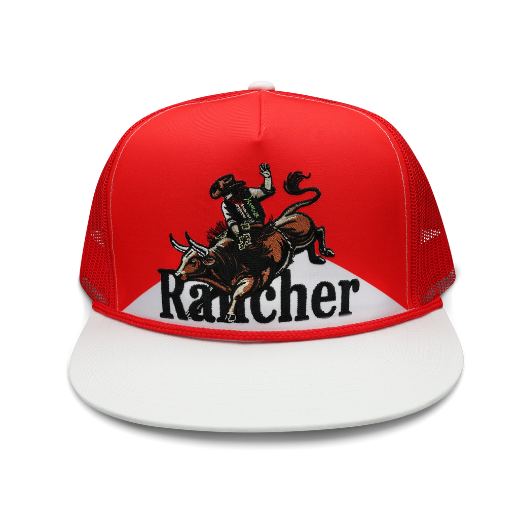 Eight Seconds bull rider trucker hat in red and white, hand-drawn bull rider embroidery with RANCHER wordmark, front view