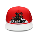Eight Seconds bull rider trucker hat in red and white, hand-drawn bull rider embroidery with RANCHER wordmark, front view