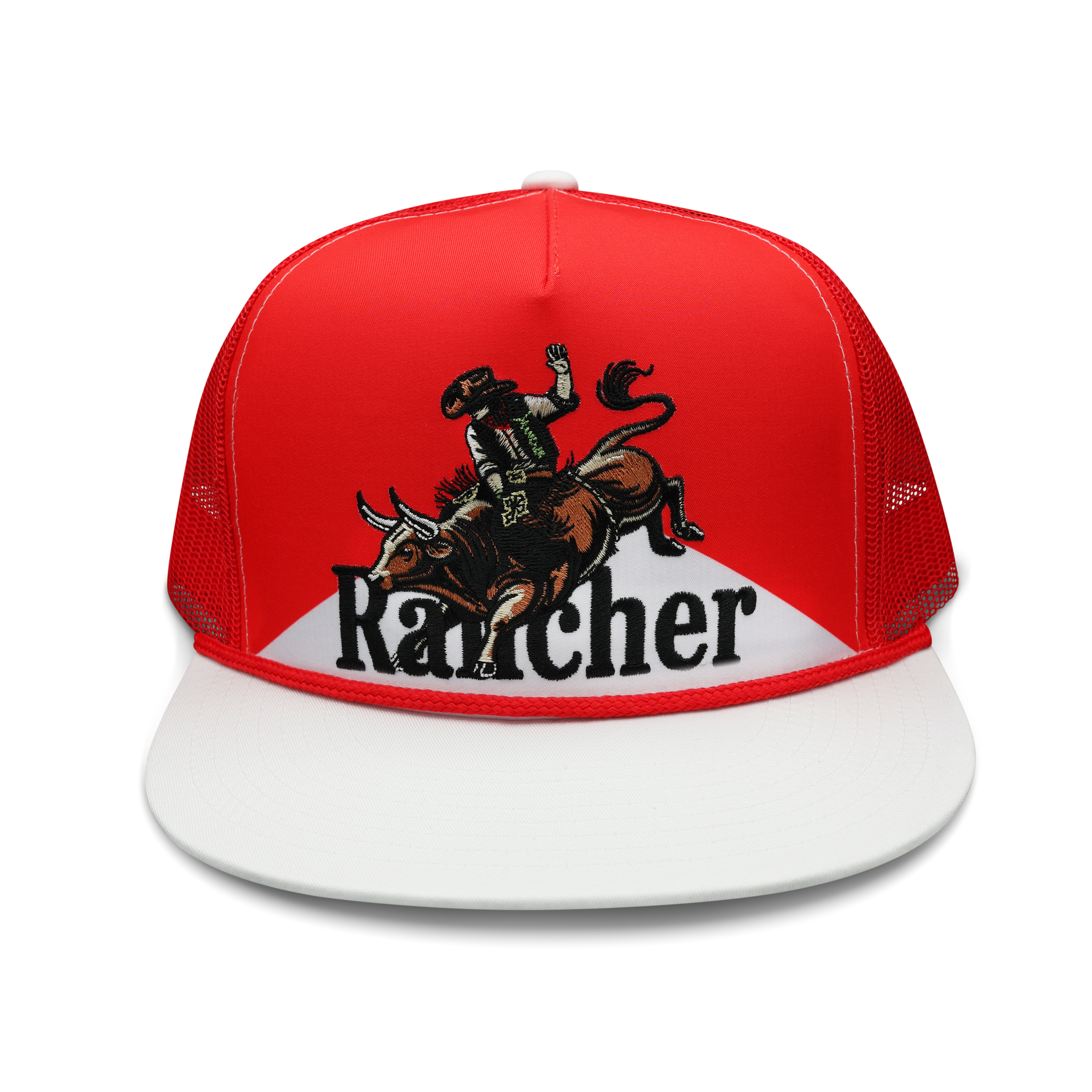 Eight Seconds bull rider trucker hat in red and white, hand-drawn bull rider embroidery with RANCHER wordmark, front view