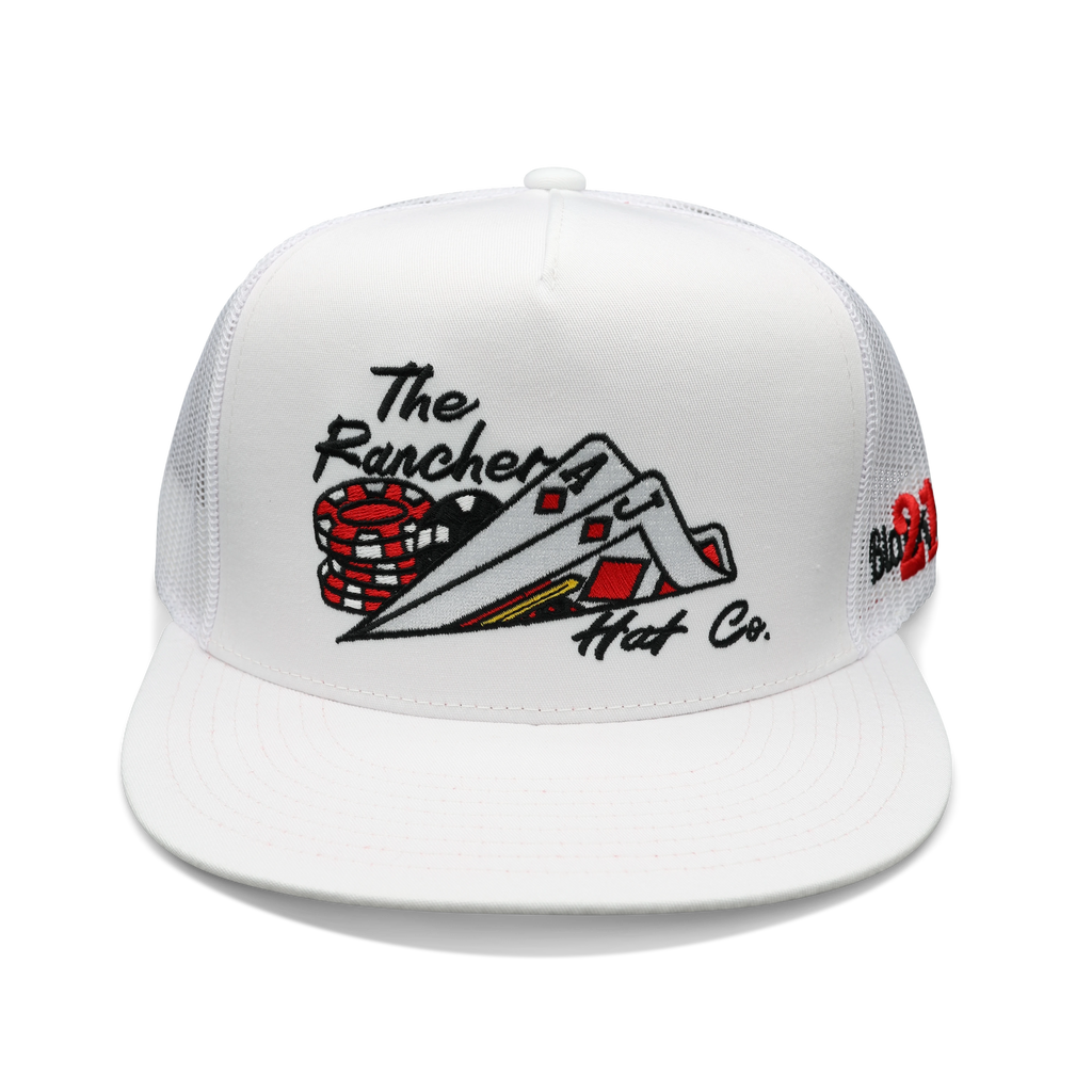 21 Blackjack white flat bill trucker snapback with casino card embroidery by The Rancher Hat Co., additional view