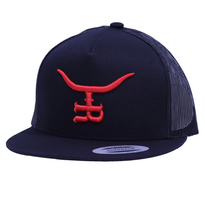 All black flat bill trucker hat with red 3D embroidered logo on the front.