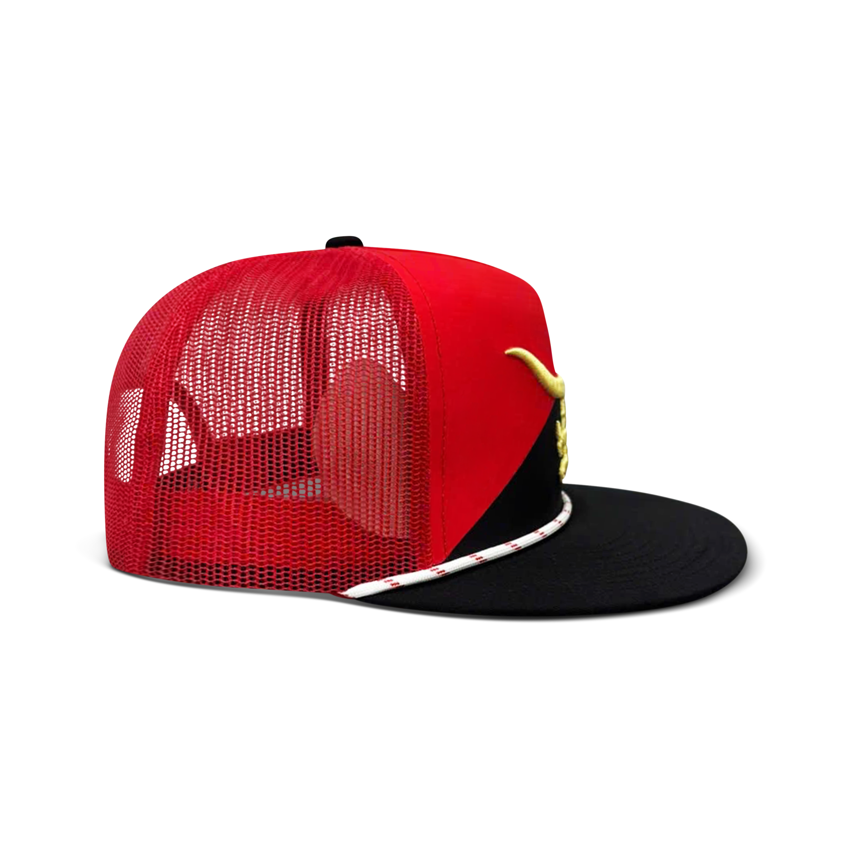 World Champion red and black trucker hat held in hand, gold logo on red crown with black flat brim