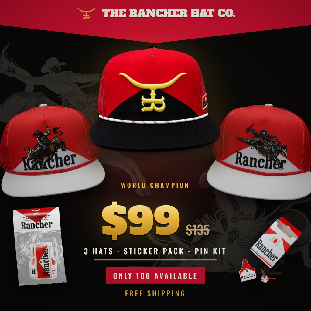 World Champion Bundle by The Rancher Hat Co. — all three trucker hats from the drop stacked together with the pin kit tin and sticker pack