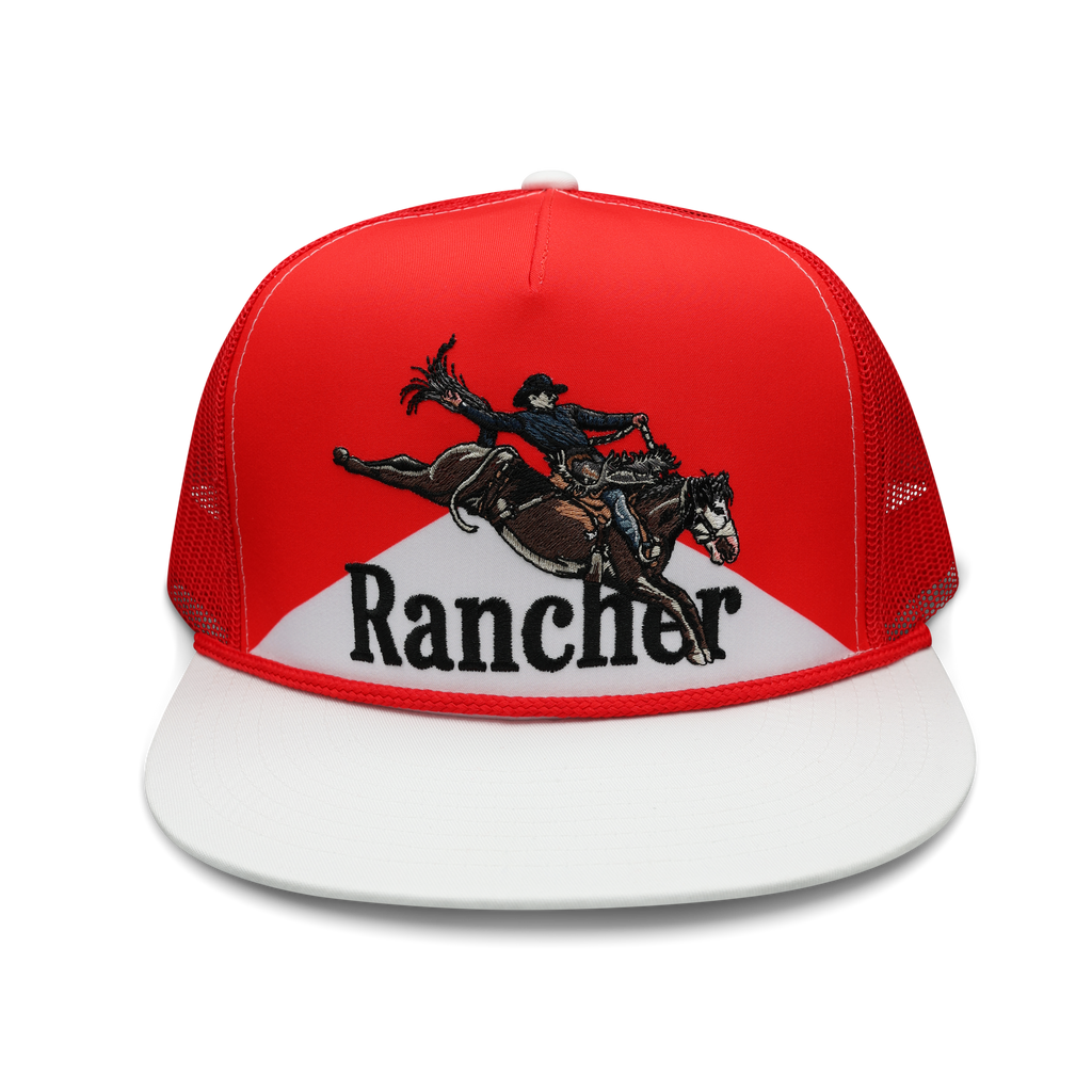 Free Hand bronc rider trucker hat in red and white, hand-drawn bucking horse embroidery with RANCHER wordmark, front view