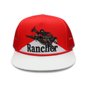 Free Hand bronc rider trucker hat in red and white, hand-drawn bucking horse embroidery with RANCHER wordmark, front view