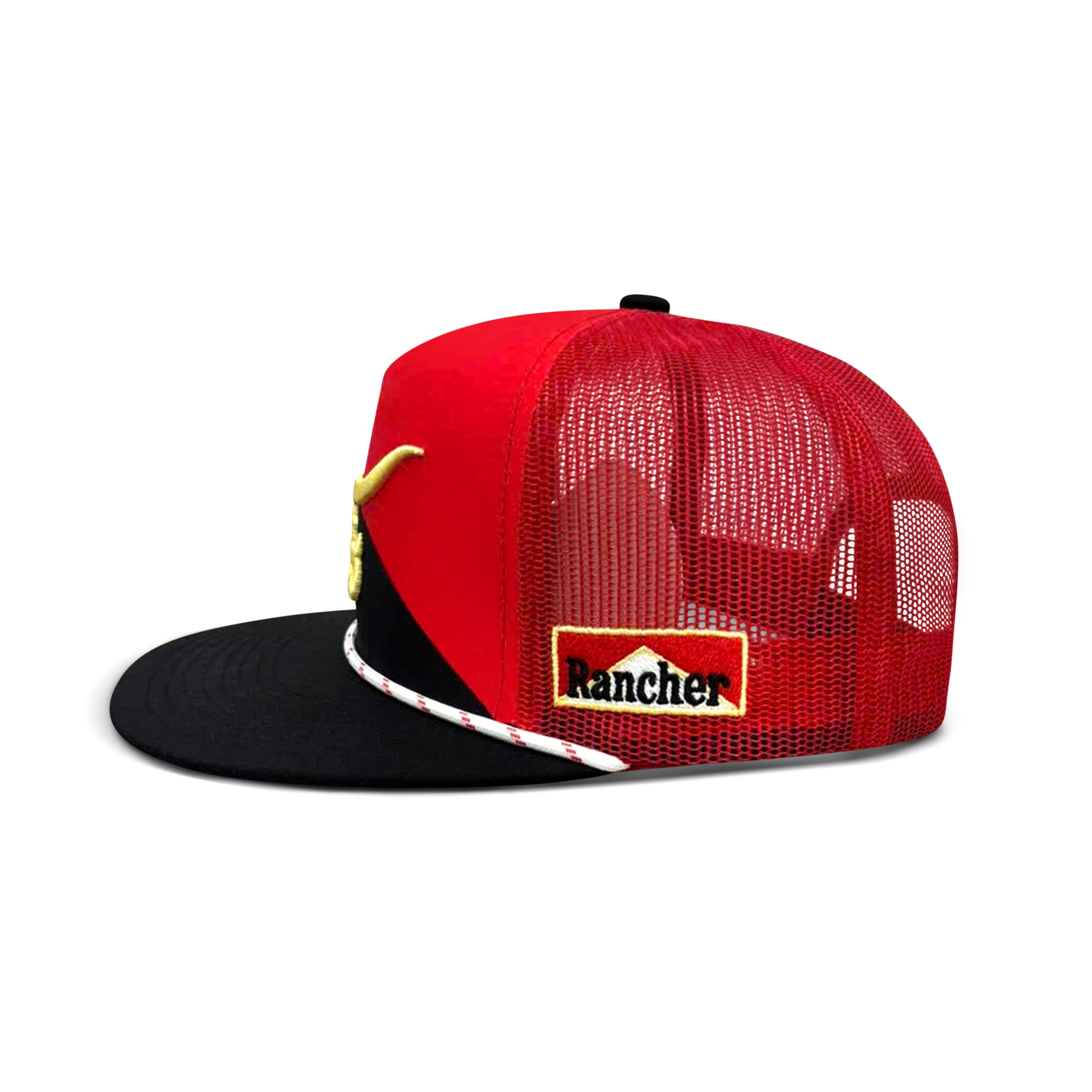 World Champion red and black flat bill trucker hat, angled view showing gold embroidered longhorn and black mesh back