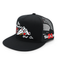 21 Blackjack black flat bill trucker hat with embroidered blackjack hand and poker chip art by The Rancher Hat Co.