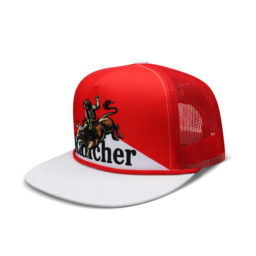 Eight Seconds red and white flat bill trucker hat, angled view showing embroidered bull rider and mesh back panels
