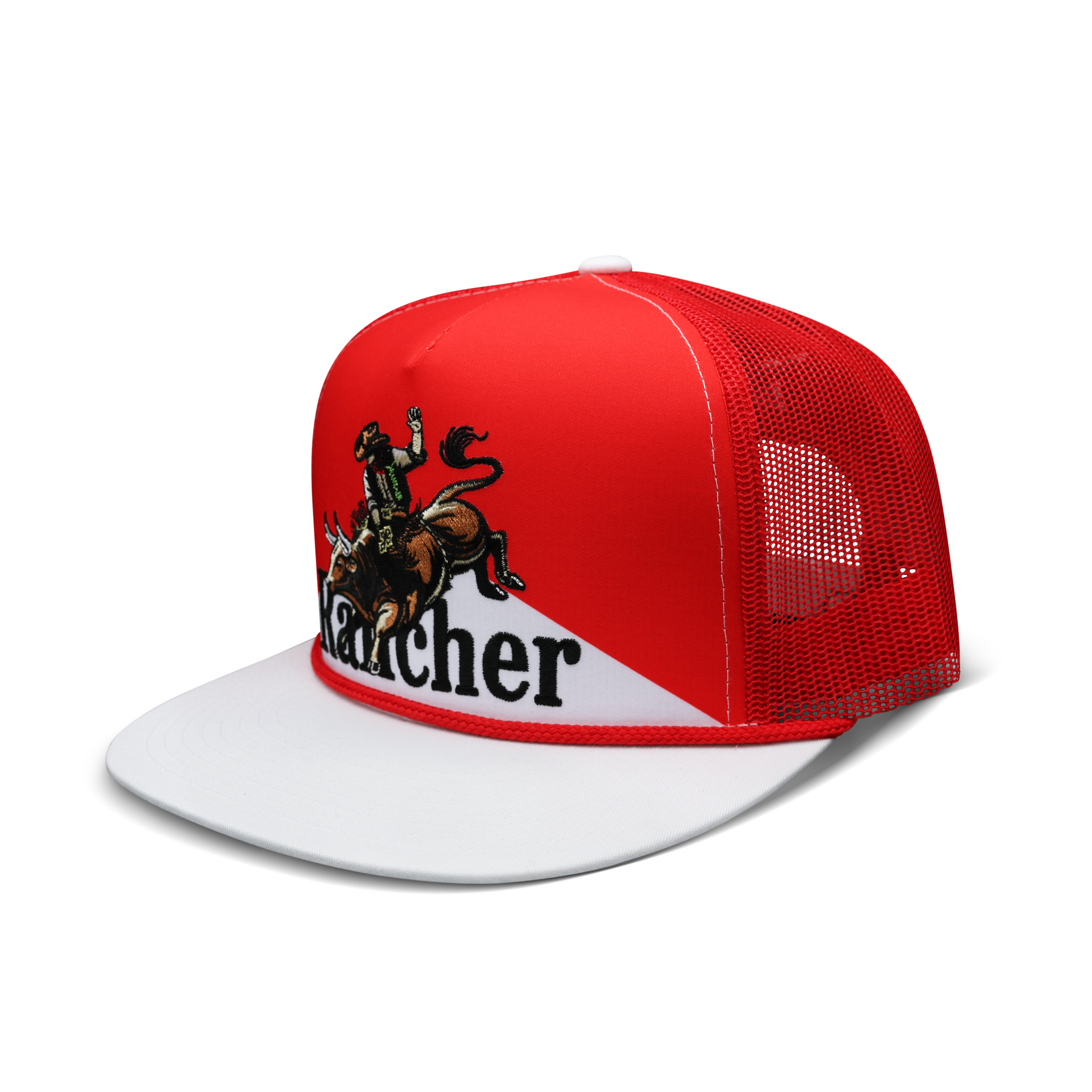 Eight Seconds red and white flat bill trucker hat, angled view showing embroidered bull rider and mesh back panels