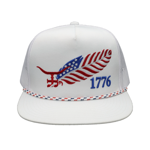 Freedom Feather white flat bill trucker hat with embroidered American flag feather by The Rancher Hat Co., angled view