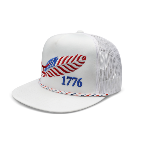 Freedom Feather white flat bill trucker hat with embroidered American flag feather by The Rancher Hat Co., front view