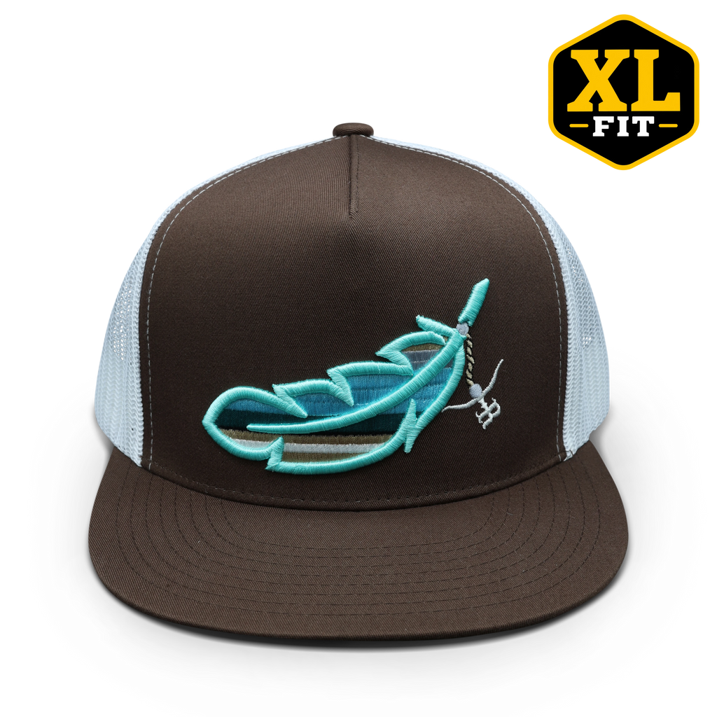 XL FIT- Turquoise/Brown Feathered Outlaw Flatbill Trucker Snapback