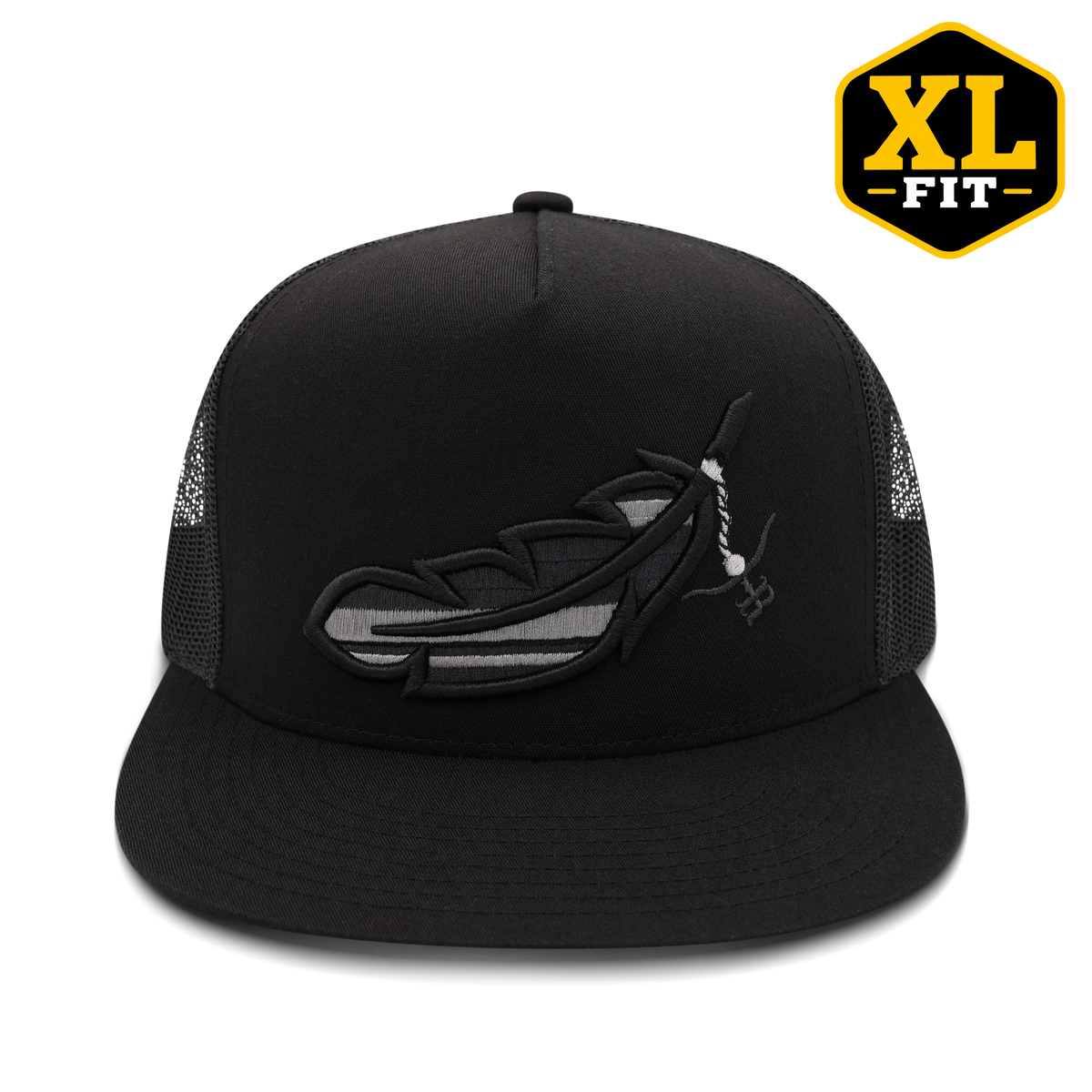 XL FIT- Total Blk Feathered Outlaw Flatbill Trucker Snapback