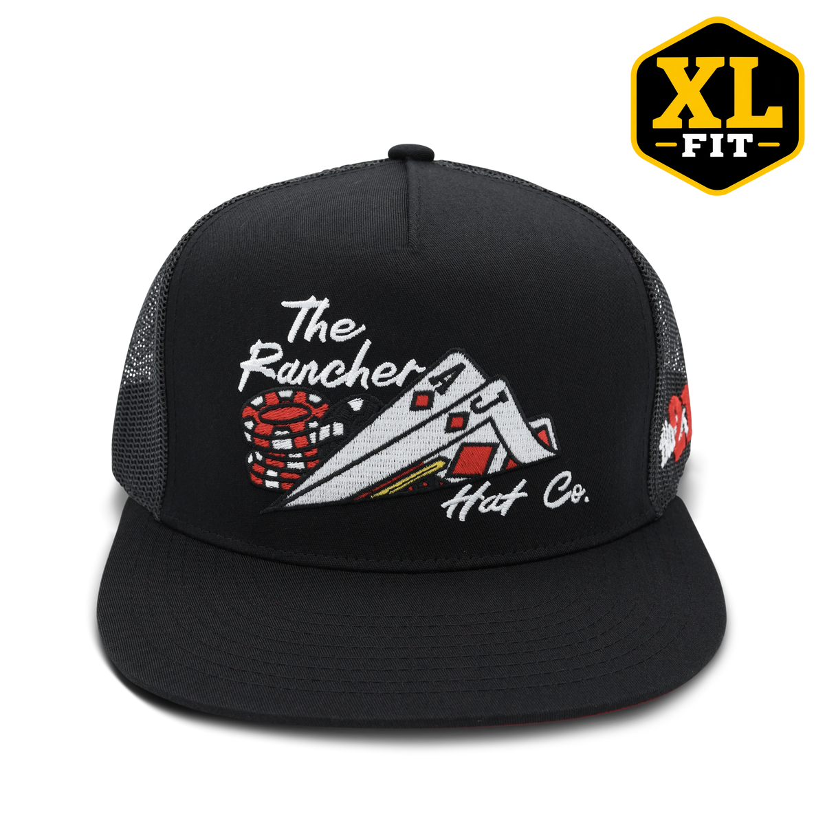 21 Blackjack XL black flat bill trucker hat for big heads, fits 7 to 8, by The Rancher Hat Co.